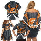 Greater Western Sydney Giants Australian Football Family Matching Off Shoulder Short Dress and Hawaiian Shirt Powerful Muscle Mascot With Geometric Sunburst Motion Art