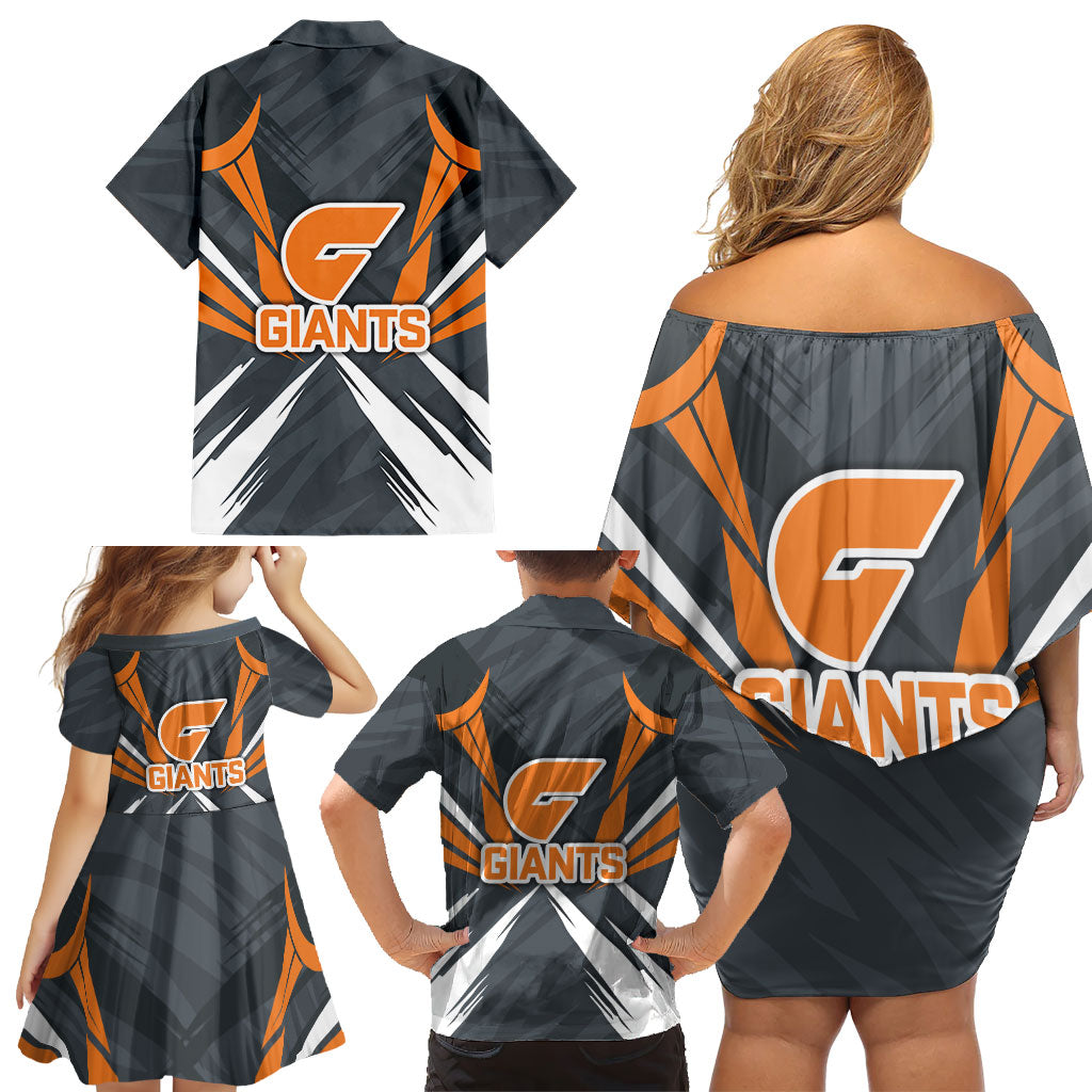 Greater Western Sydney Giants Australian Football Family Matching Off Shoulder Short Dress and Hawaiian Shirt Powerful Muscle Mascot With Geometric Sunburst Motion Art
