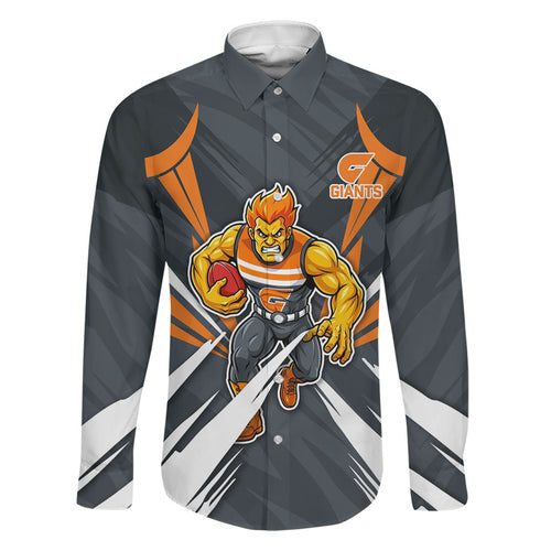 Greater Western Sydney Giants Australian Football Family Matching Off Shoulder Short Dress and Hawaiian Shirt Powerful Muscle Mascot With Geometric Sunburst Motion Art