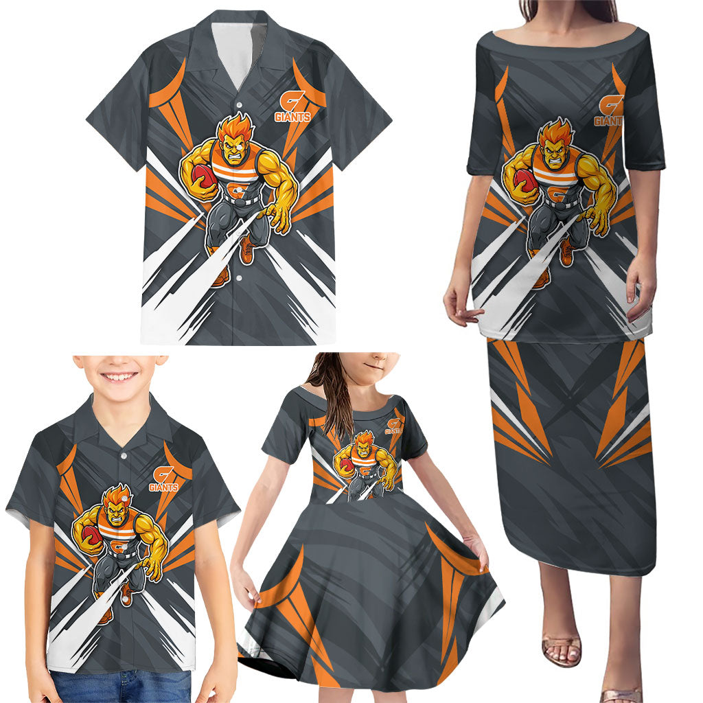 Greater Western Sydney Giants Australian Football Family Matching Puletasi and Hawaiian Shirt Powerful Muscle Mascot With Geometric Sunburst Motion Art
