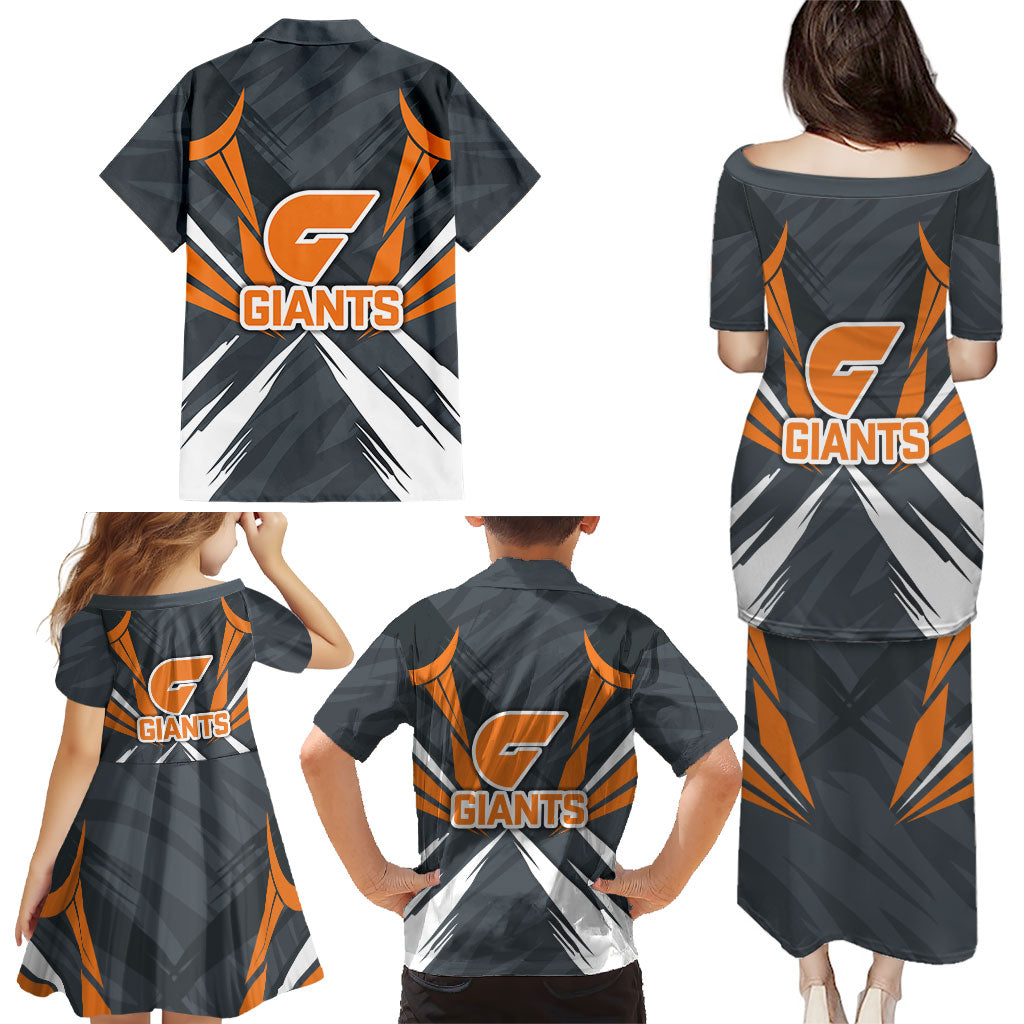 Greater Western Sydney Giants Australian Football Family Matching Puletasi and Hawaiian Shirt Powerful Muscle Mascot With Geometric Sunburst Motion Art