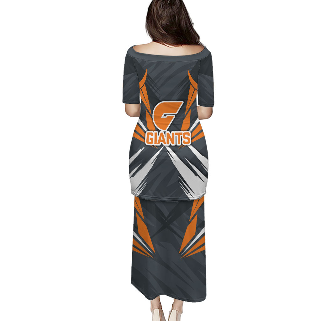 Greater Western Sydney Giants Australian Football Family Matching Puletasi and Hawaiian Shirt Powerful Muscle Mascot With Geometric Sunburst Motion Art