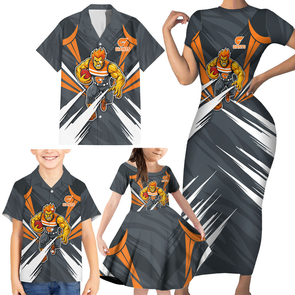 Greater Western Sydney Giants Australian Football Family Matching Short Sleeve Bodycon Dress and Hawaiian Shirt Powerful Muscle Mascot With Geometric Sunburst Motion Art