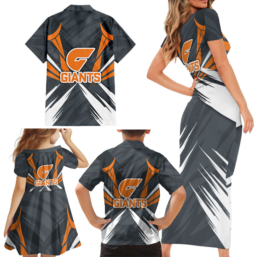 Greater Western Sydney Giants Australian Football Family Matching Short Sleeve Bodycon Dress and Hawaiian Shirt Powerful Muscle Mascot With Geometric Sunburst Motion Art