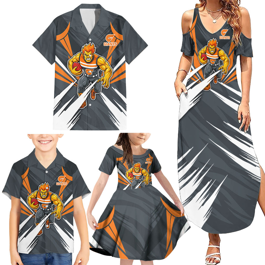 Greater Western Sydney Giants Australian Football Family Matching Summer Maxi Dress and Hawaiian Shirt Powerful Muscle Mascot With Geometric Sunburst Motion Art
