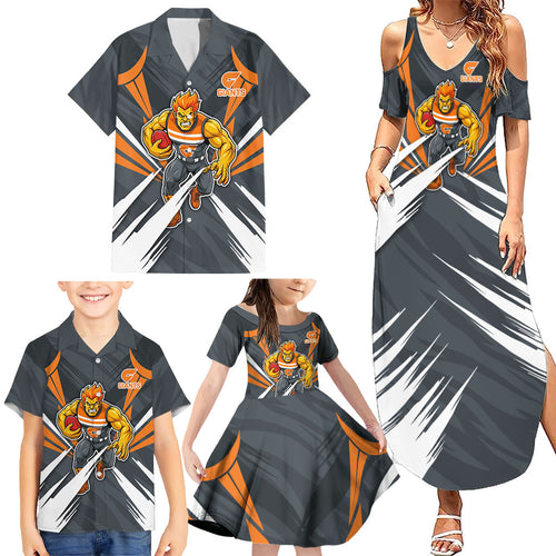 Greater Western Sydney Giants Australian Football Family Matching Summer Maxi Dress and Hawaiian Shirt Powerful Muscle Mascot With Geometric Sunburst Motion Art