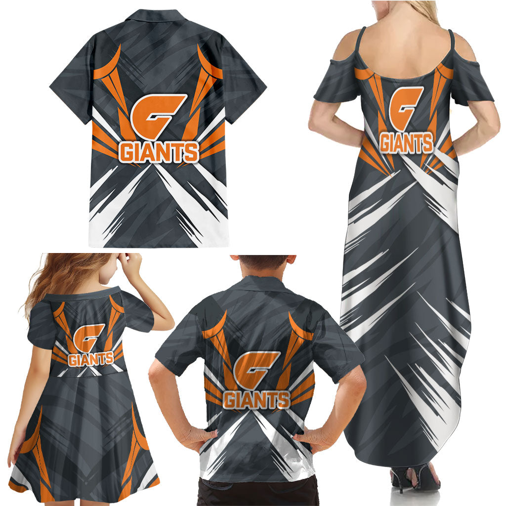 Greater Western Sydney Giants Australian Football Family Matching Summer Maxi Dress and Hawaiian Shirt Powerful Muscle Mascot With Geometric Sunburst Motion Art