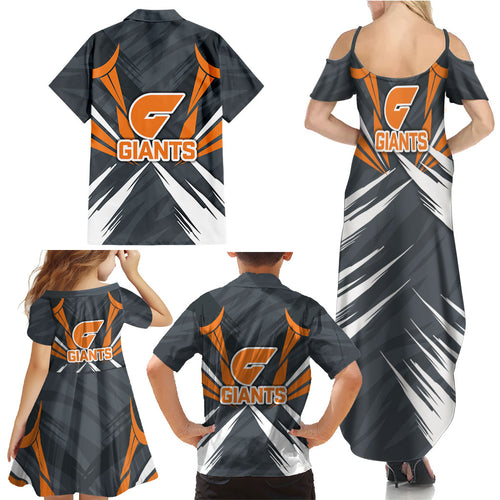 Greater Western Sydney Giants Australian Football Family Matching Summer Maxi Dress and Hawaiian Shirt Powerful Muscle Mascot With Geometric Sunburst Motion Art