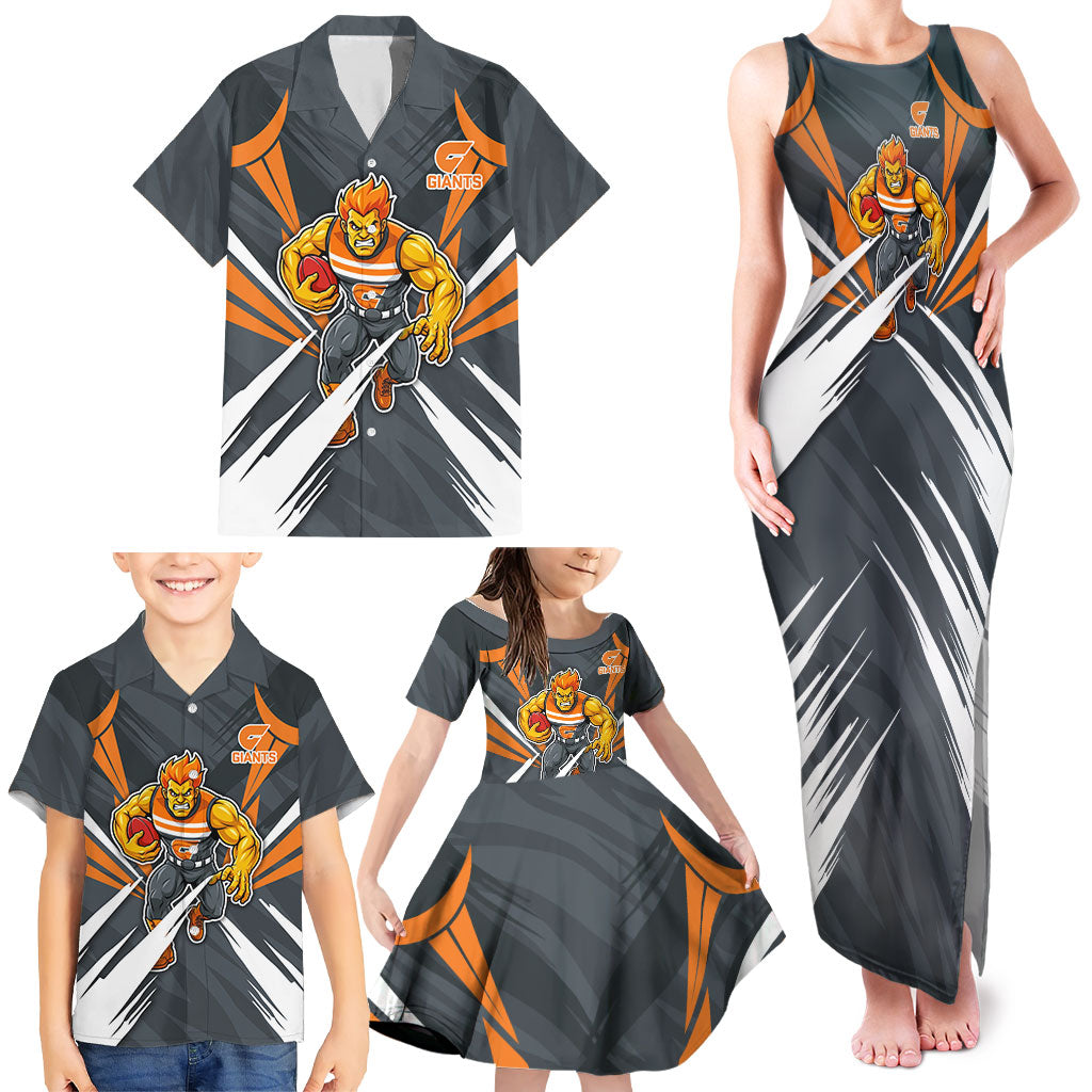 Greater Western Sydney Giants Australian Football Family Matching Tank Maxi Dress and Hawaiian Shirt Powerful Muscle Mascot With Geometric Sunburst Motion Art