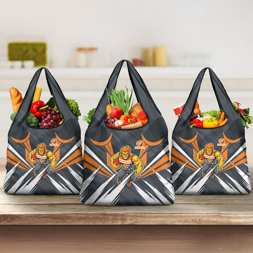 Greater Western Sydney Giants Australian Football Grocery Bag Powerful Muscle Mascot With Geometric Sunburst Motion Art