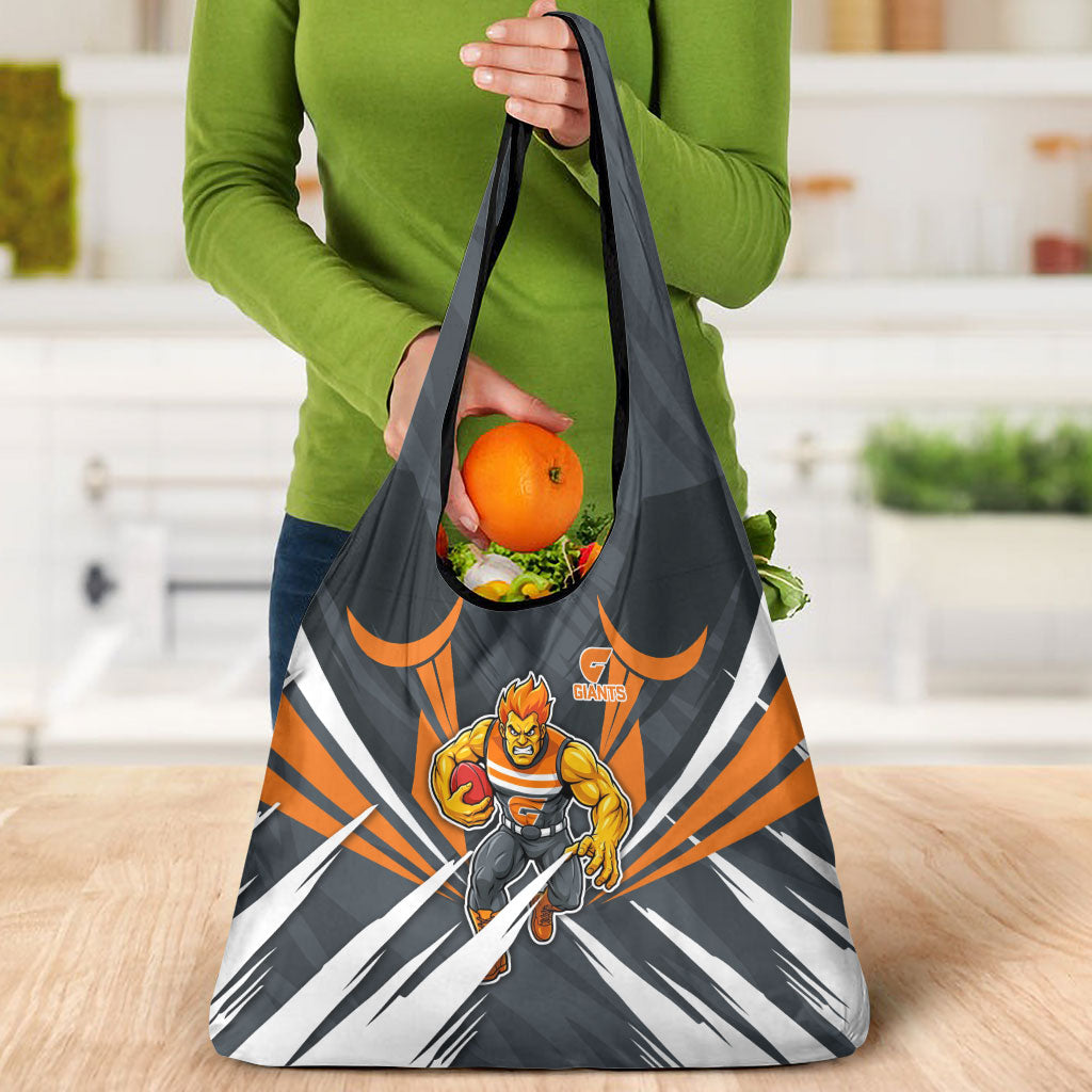 Greater Western Sydney Giants Australian Football Grocery Bag Powerful Muscle Mascot With Geometric Sunburst Motion Art