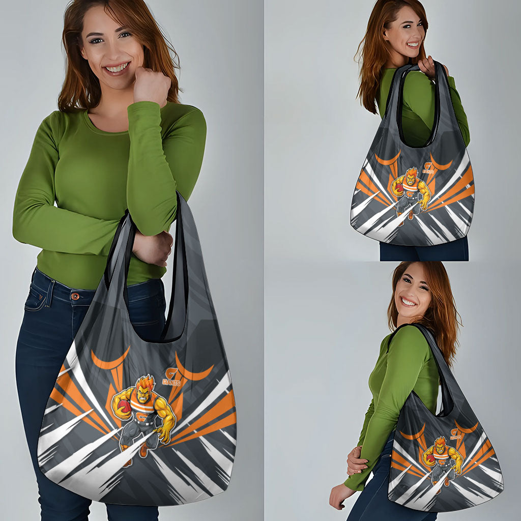Greater Western Sydney Giants Australian Football Grocery Bag Powerful Muscle Mascot With Geometric Sunburst Motion Art