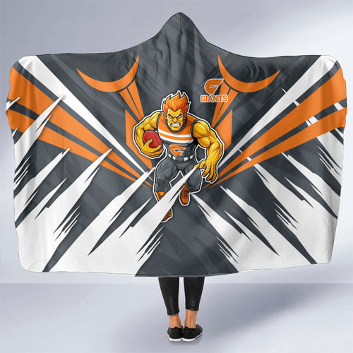 Greater Western Sydney Giants Australian Football Hooded Blanket Powerful Muscle Mascot With Geometric Sunburst Motion Art