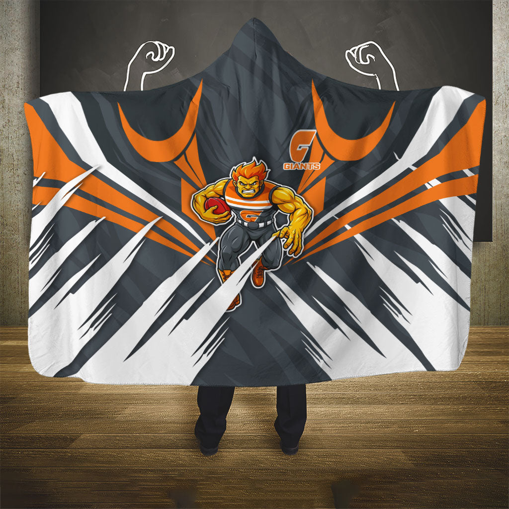 Greater Western Sydney Giants Australian Football Hooded Blanket Powerful Muscle Mascot With Geometric Sunburst Motion Art