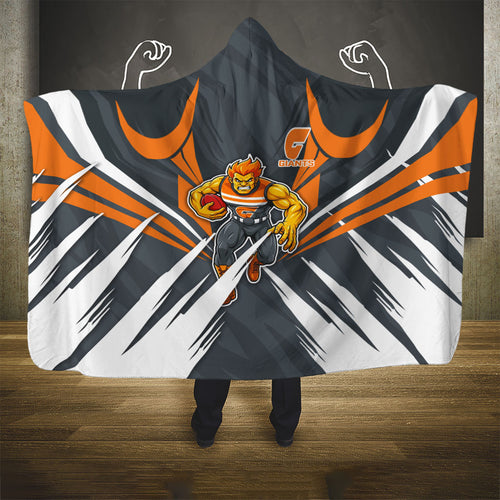 Greater Western Sydney Giants Australian Football Hooded Blanket Powerful Muscle Mascot With Geometric Sunburst Motion Art