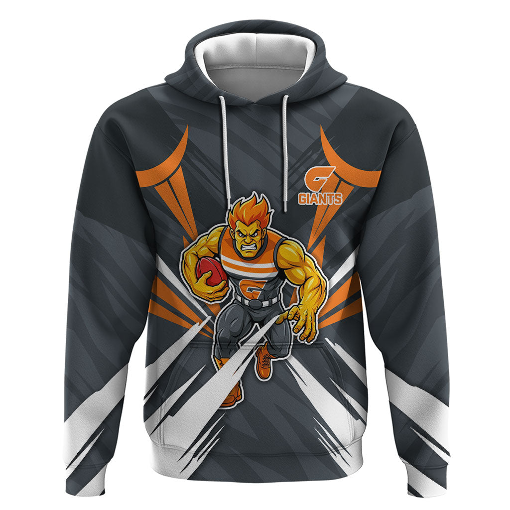 Greater Western Sydney Giants Australian Football Hoodie Powerful Muscle Mascot With Geometric Sunburst Motion Art