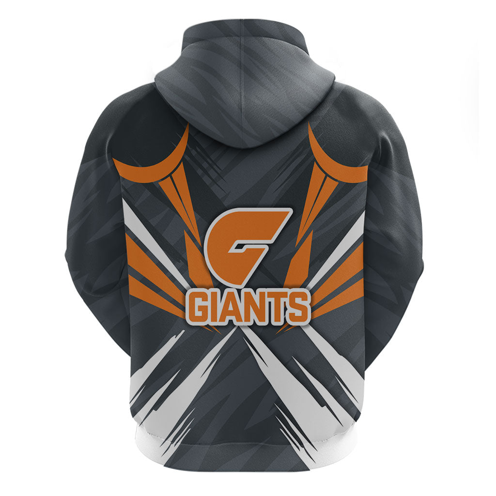 Greater Western Sydney Giants Australian Football Hoodie Powerful Muscle Mascot With Geometric Sunburst Motion Art