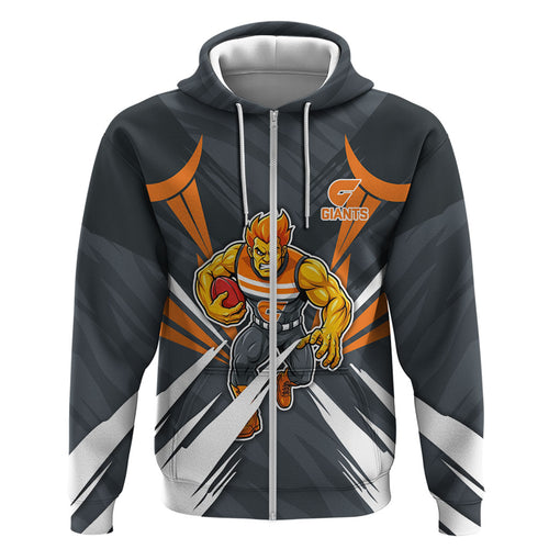 Greater Western Sydney Giants Australian Football Hoodie Powerful Muscle Mascot With Geometric Sunburst Motion Art