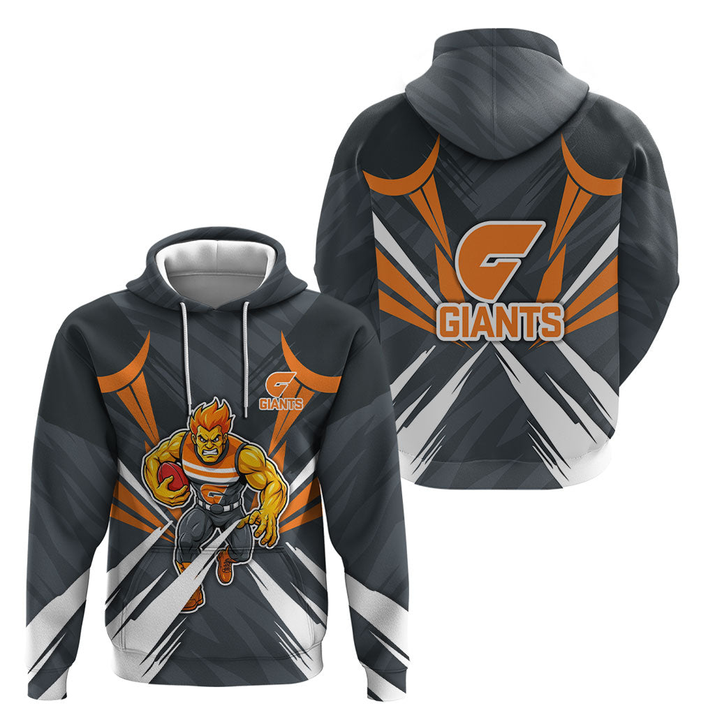 Greater Western Sydney Giants Australian Football Hoodie Powerful Muscle Mascot With Geometric Sunburst Motion Art