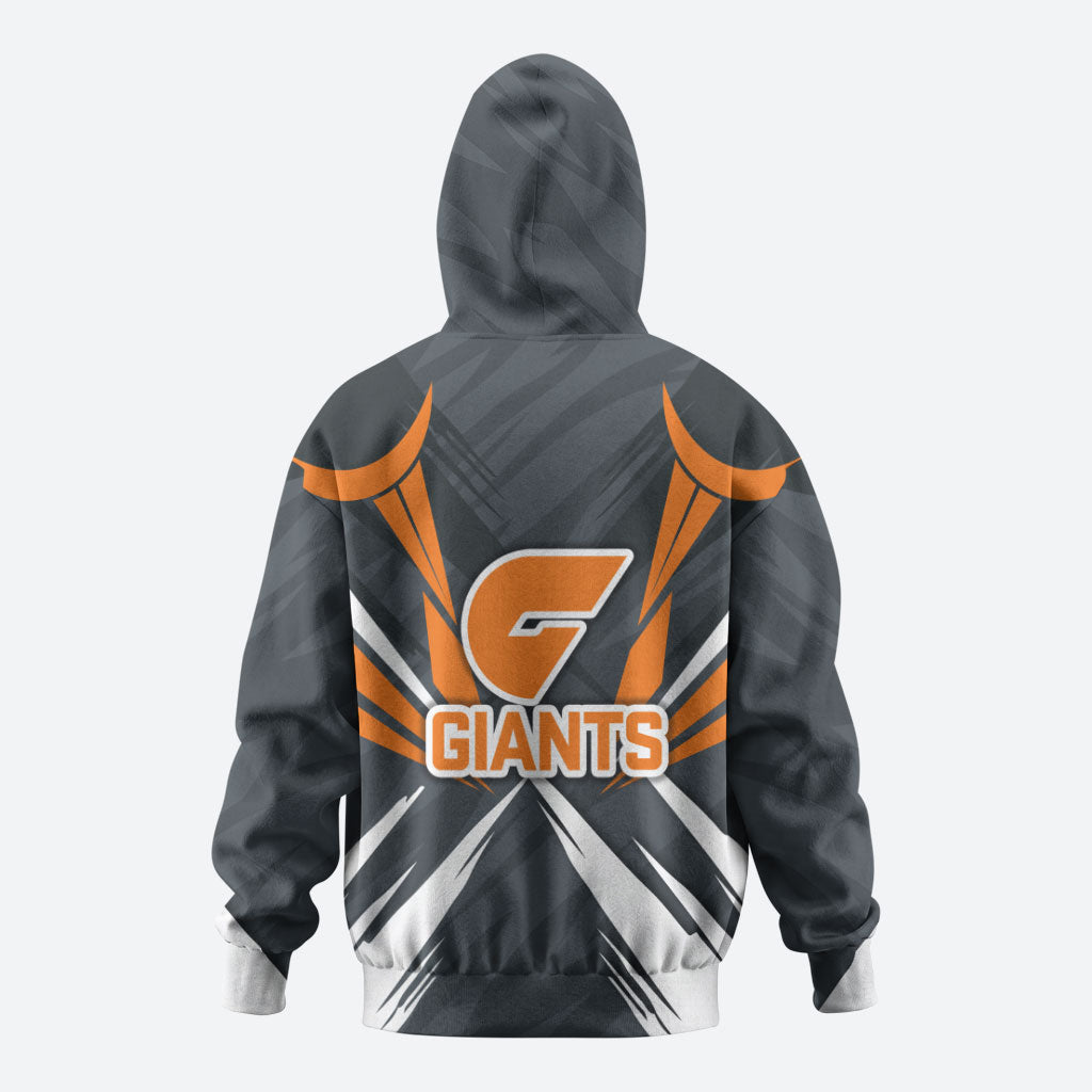 Greater Western Sydney Giants Australian Football Hoodie Powerful Muscle Mascot With Geometric Sunburst Motion Art