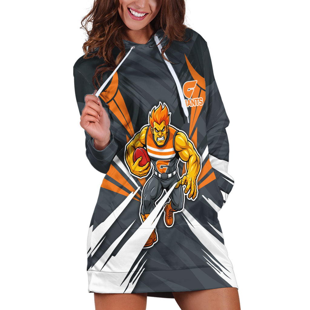 Greater Western Sydney Giants Australian Football Hoodie Dress Powerful Muscle Mascot With Geometric Sunburst Motion Art