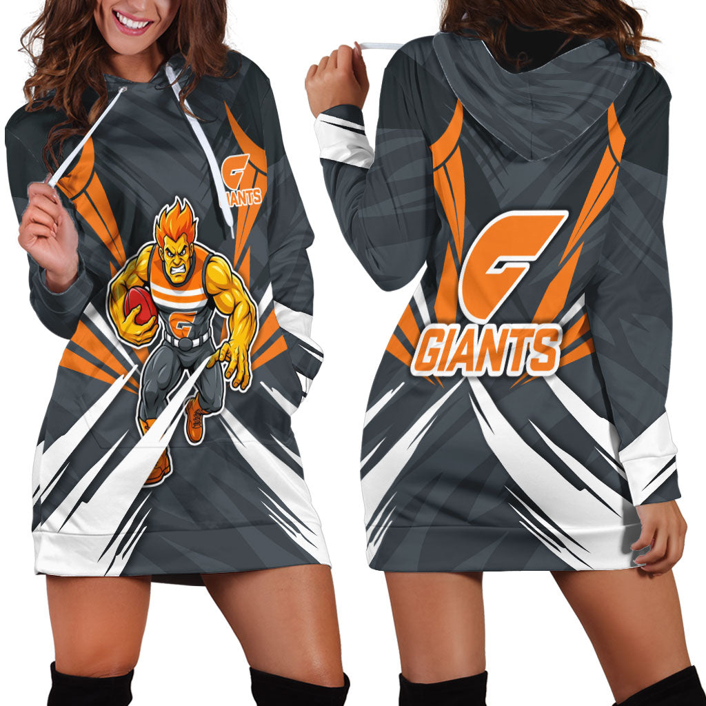 Greater Western Sydney Giants Australian Football Hoodie Dress Powerful Muscle Mascot With Geometric Sunburst Motion Art