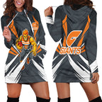 Greater Western Sydney Giants Australian Football Hoodie Dress Powerful Muscle Mascot With Geometric Sunburst Motion Art