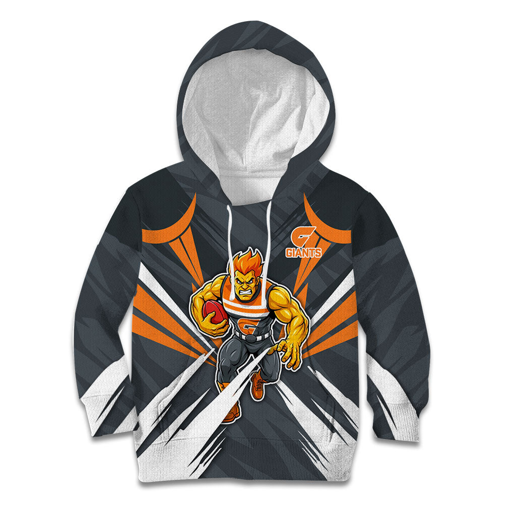 Greater Western Sydney Giants Australian Football Kid Hoodie Powerful Muscle Mascot With Geometric Sunburst Motion Art