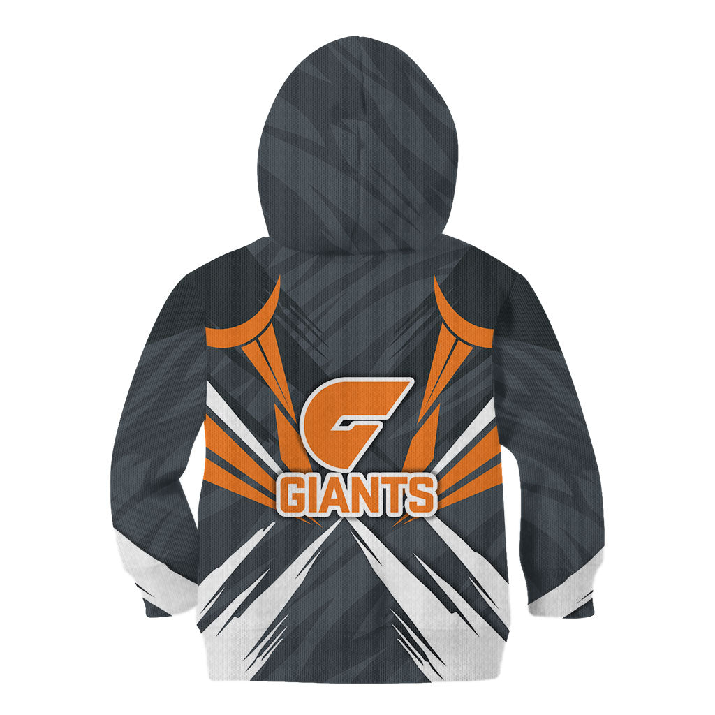 Greater Western Sydney Giants Australian Football Kid Hoodie Powerful Muscle Mascot With Geometric Sunburst Motion Art
