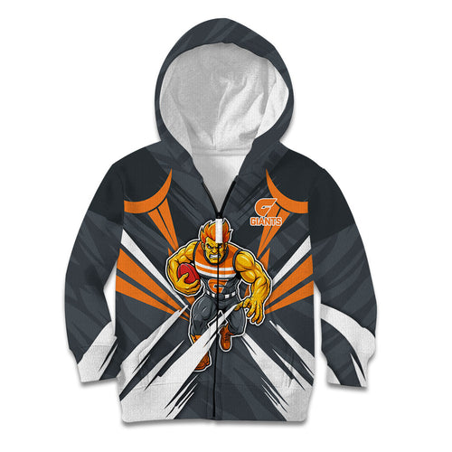 Greater Western Sydney Giants Australian Football Kid Hoodie Powerful Muscle Mascot With Geometric Sunburst Motion Art