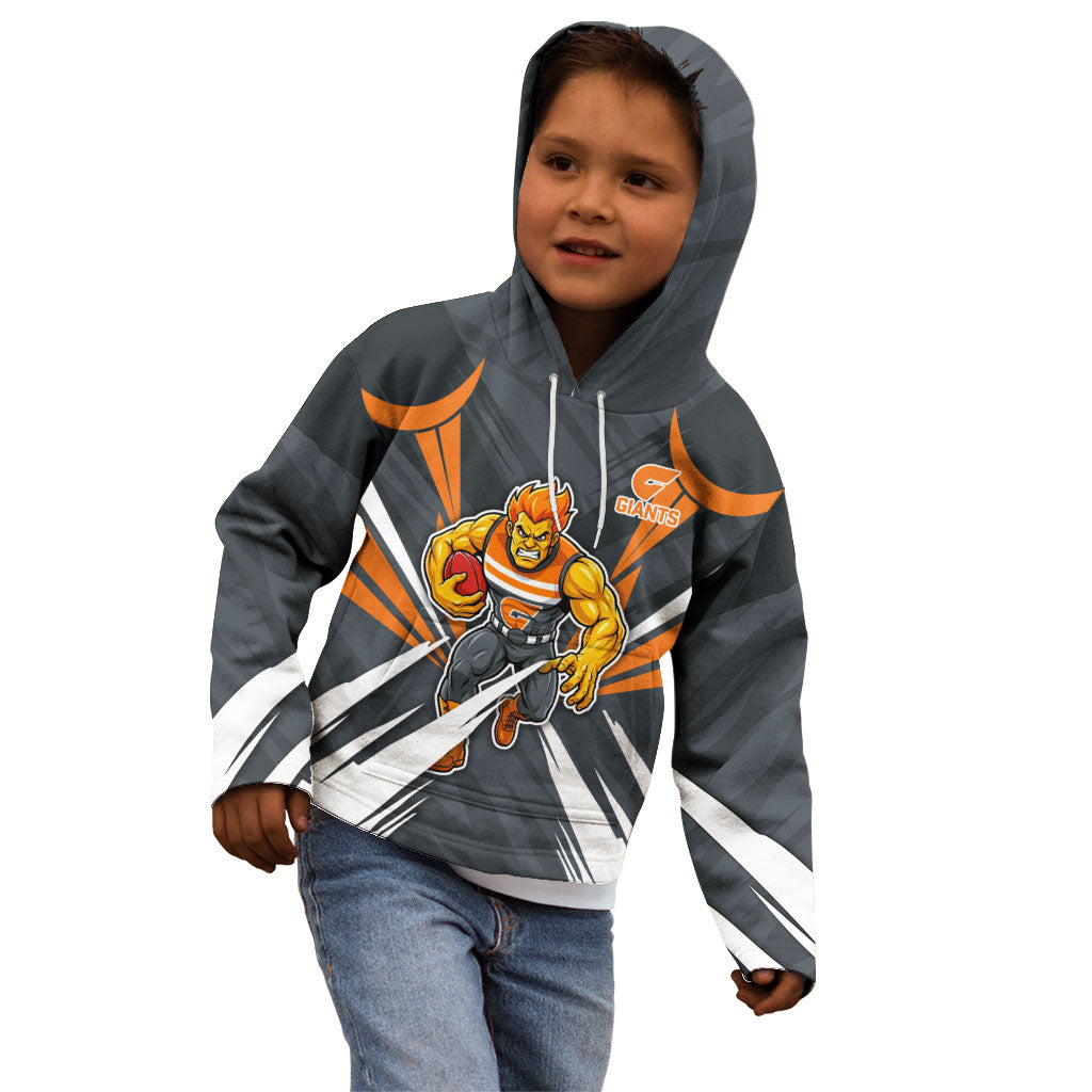 Greater Western Sydney Giants Australian Football Kid Hoodie Powerful Muscle Mascot With Geometric Sunburst Motion Art