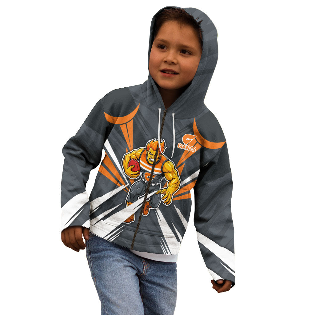 Greater Western Sydney Giants Australian Football Kid Hoodie Powerful Muscle Mascot With Geometric Sunburst Motion Art