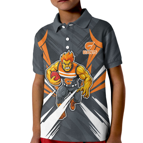 Greater Western Sydney Giants Australian Football Kid Polo Shirt Powerful Muscle Mascot With Geometric Sunburst Motion Art