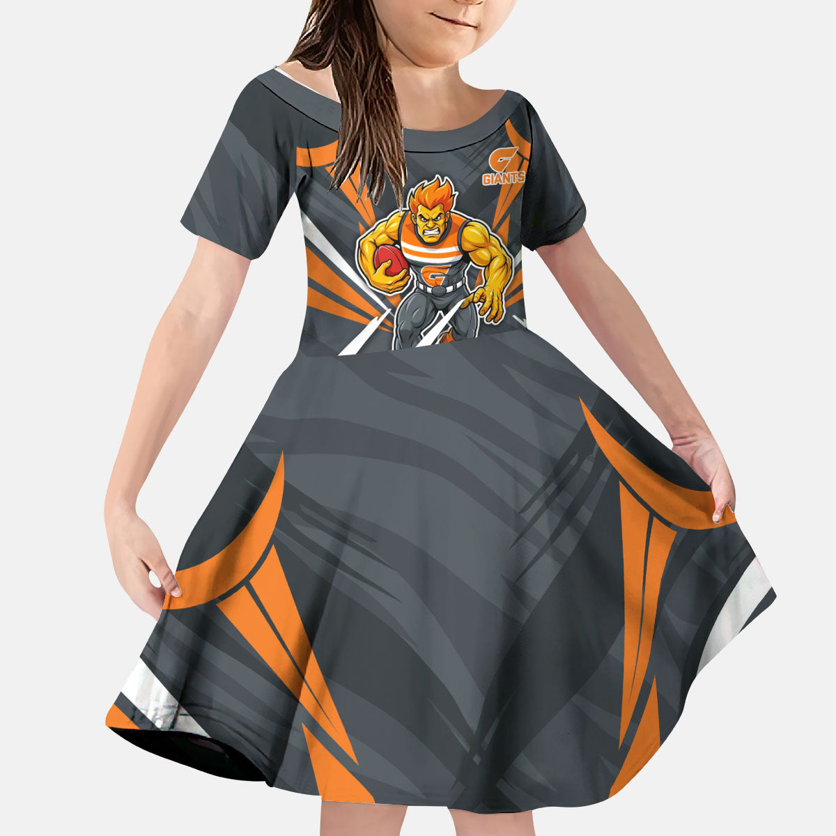 Greater Western Sydney Giants Australian Football Kid Short Sleeve Dress Powerful Muscle Mascot With Geometric Sunburst Motion Art