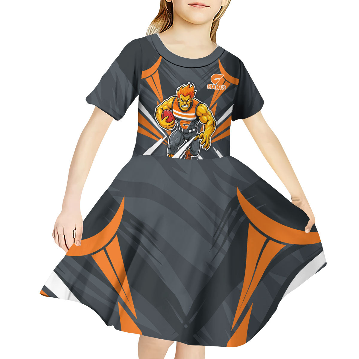 Greater Western Sydney Giants Australian Football Kid Short Sleeve Dress Powerful Muscle Mascot With Geometric Sunburst Motion Art