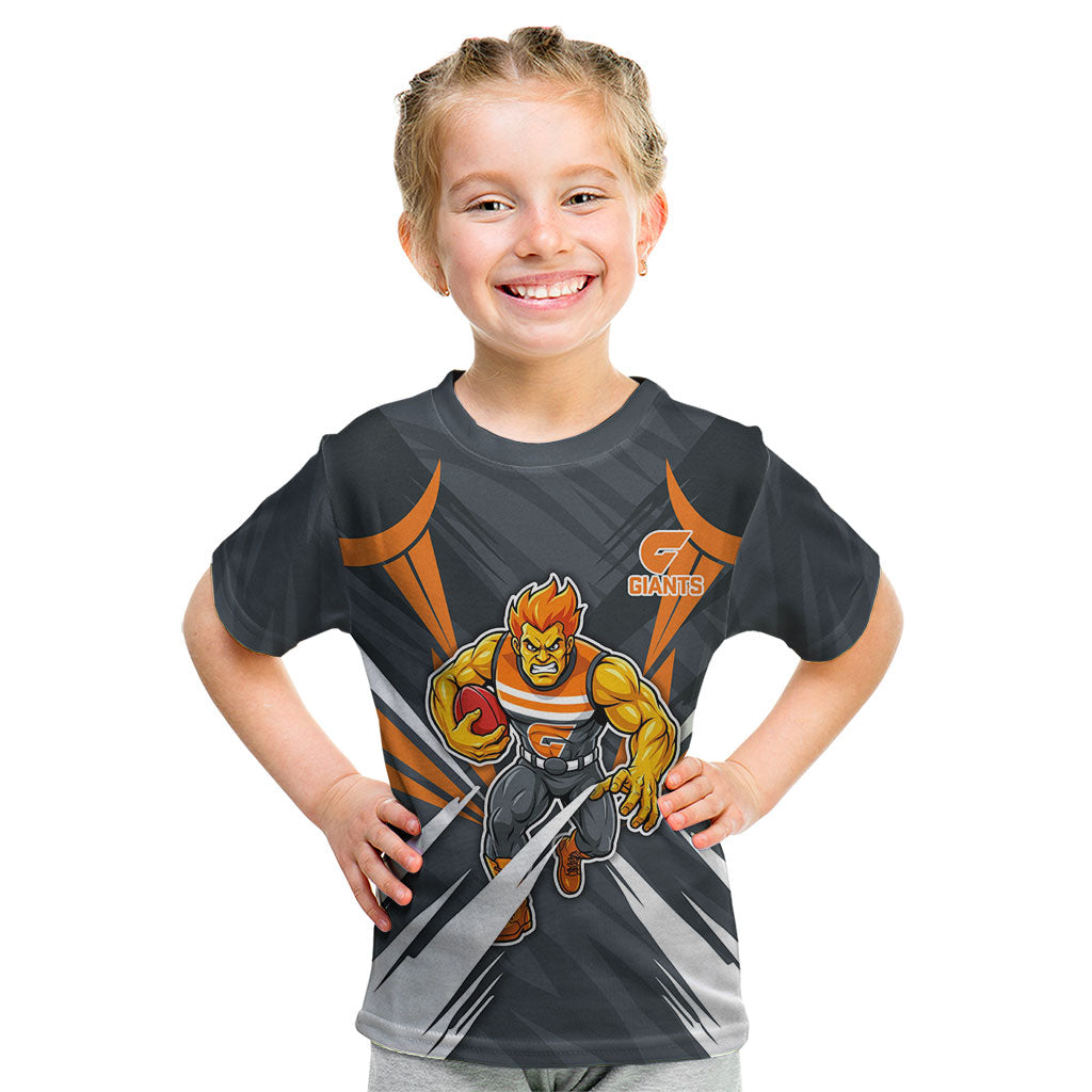 Greater Western Sydney Giants Australian Football Kid T Shirt Powerful Muscle Mascot With Geometric Sunburst Motion Art