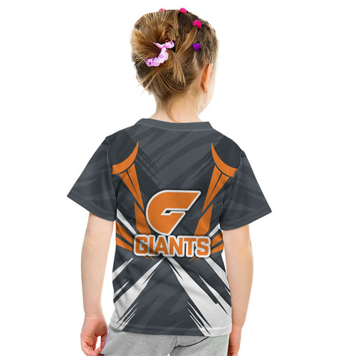 Greater Western Sydney Giants Australian Football Kid T Shirt Powerful Muscle Mascot With Geometric Sunburst Motion Art