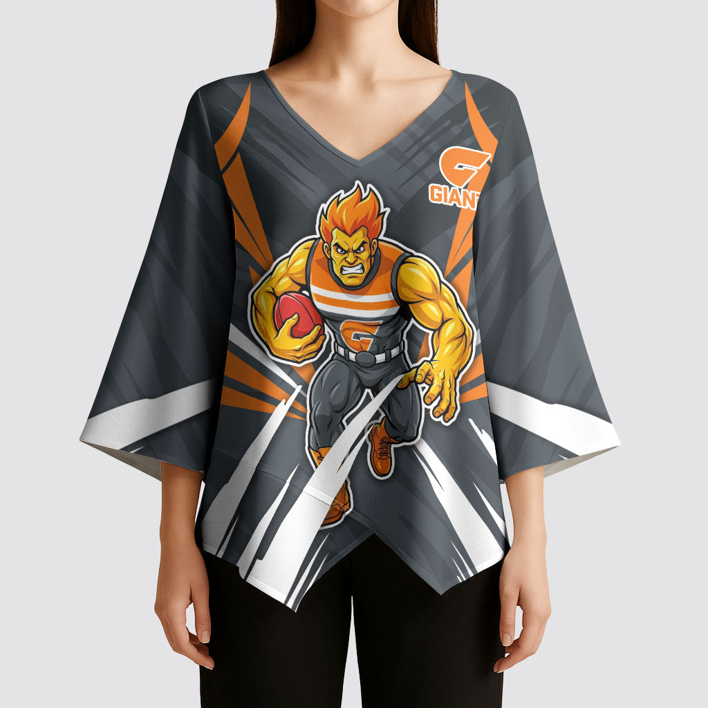 Greater Western Sydney Giants Australian Football Kimono Sleeve Blouse Powerful Muscle Mascot With Geometric Sunburst Motion Art