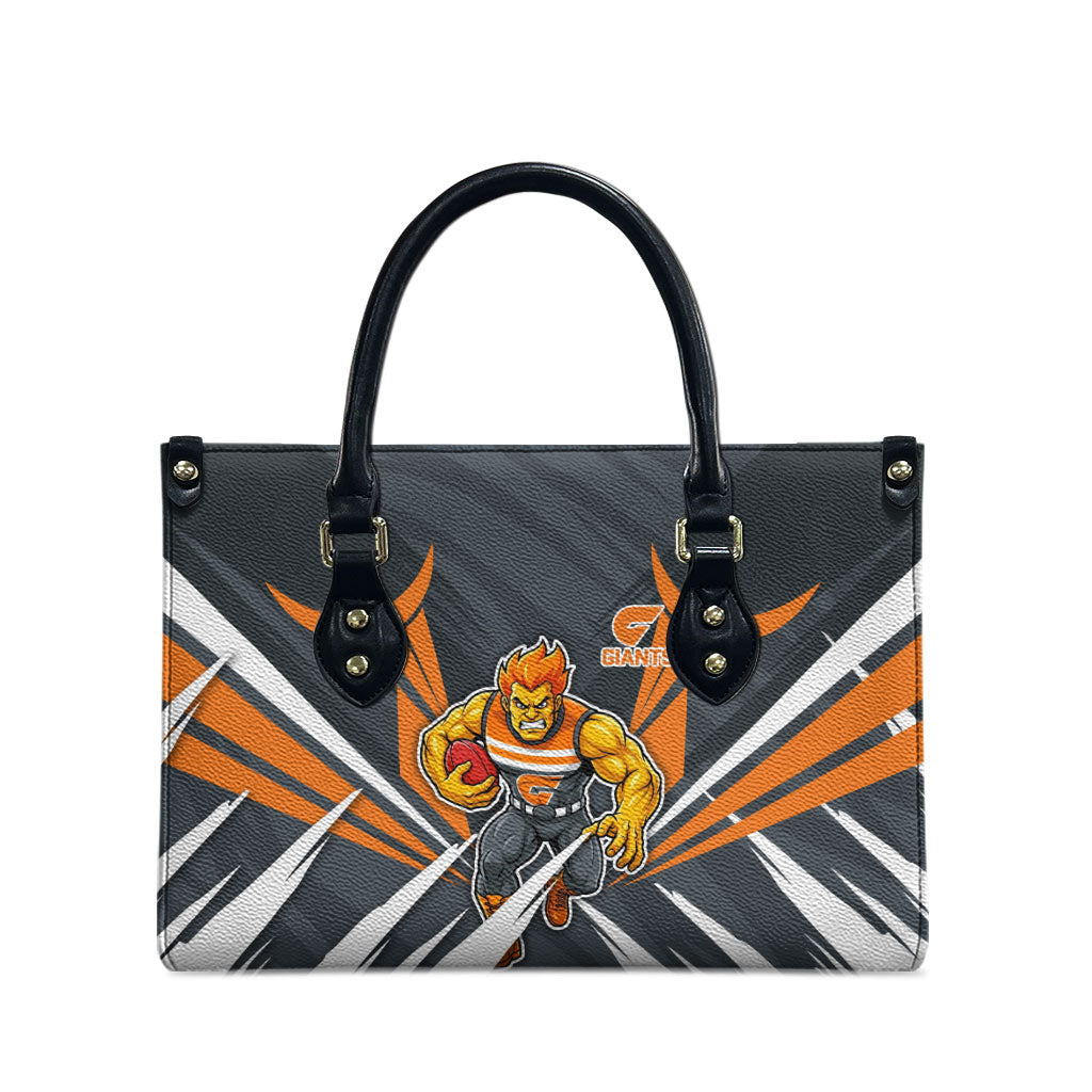 Greater Western Sydney Giants Australian Football Leather Bag Powerful Muscle Mascot With Geometric Sunburst Motion Art