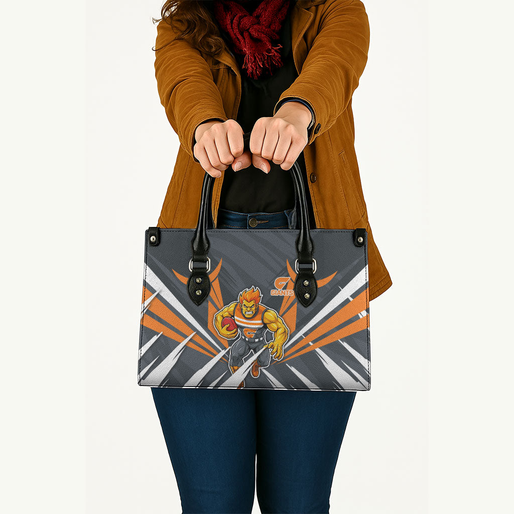Greater Western Sydney Giants Australian Football Leather Bag Powerful Muscle Mascot With Geometric Sunburst Motion Art