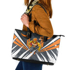 Greater Western Sydney Giants Australian Football Leather Tote Bag Powerful Muscle Mascot With Geometric Sunburst Motion Art