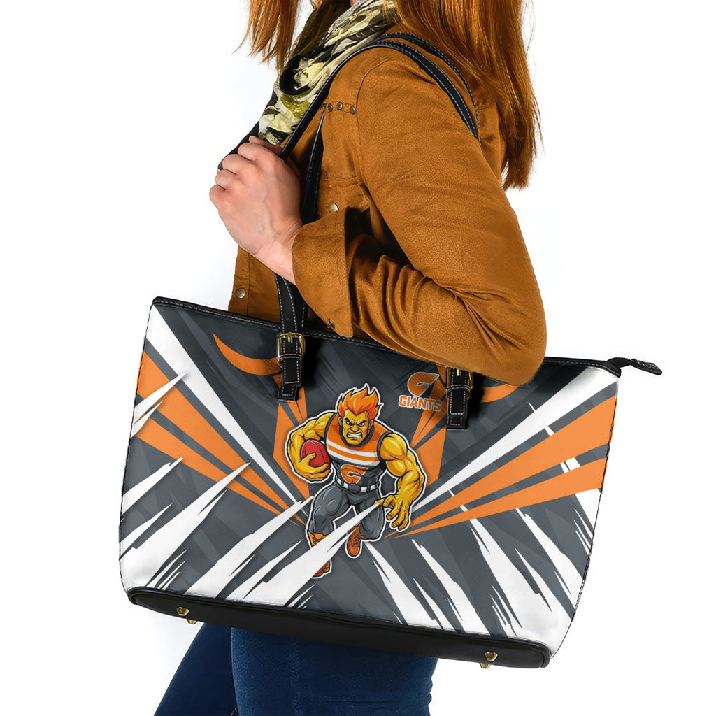 Greater Western Sydney Giants Australian Football Leather Tote Bag Powerful Muscle Mascot With Geometric Sunburst Motion Art