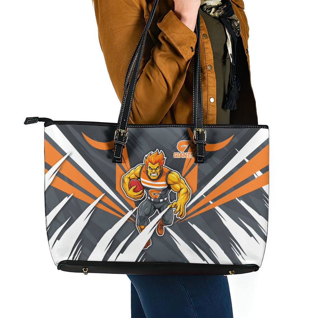 Greater Western Sydney Giants Australian Football Leather Tote Bag Powerful Muscle Mascot With Geometric Sunburst Motion Art