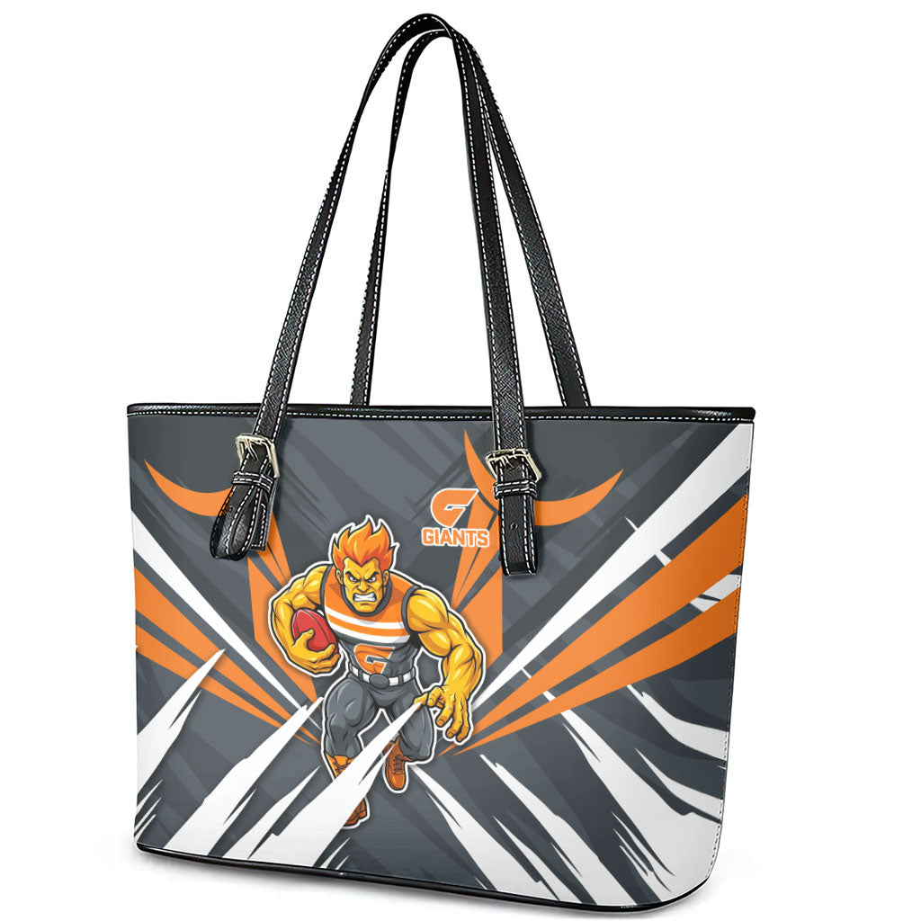 Greater Western Sydney Giants Australian Football Leather Tote Bag Powerful Muscle Mascot With Geometric Sunburst Motion Art