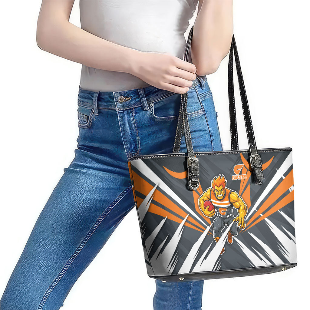 Greater Western Sydney Giants Australian Football Leather Tote Bag Powerful Muscle Mascot With Geometric Sunburst Motion Art