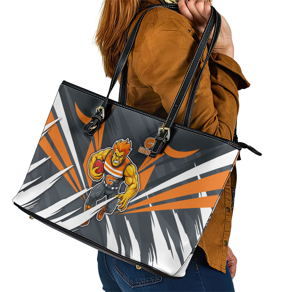 Greater Western Sydney Giants Australian Football Leather Tote Bag Powerful Muscle Mascot With Geometric Sunburst Motion Art
