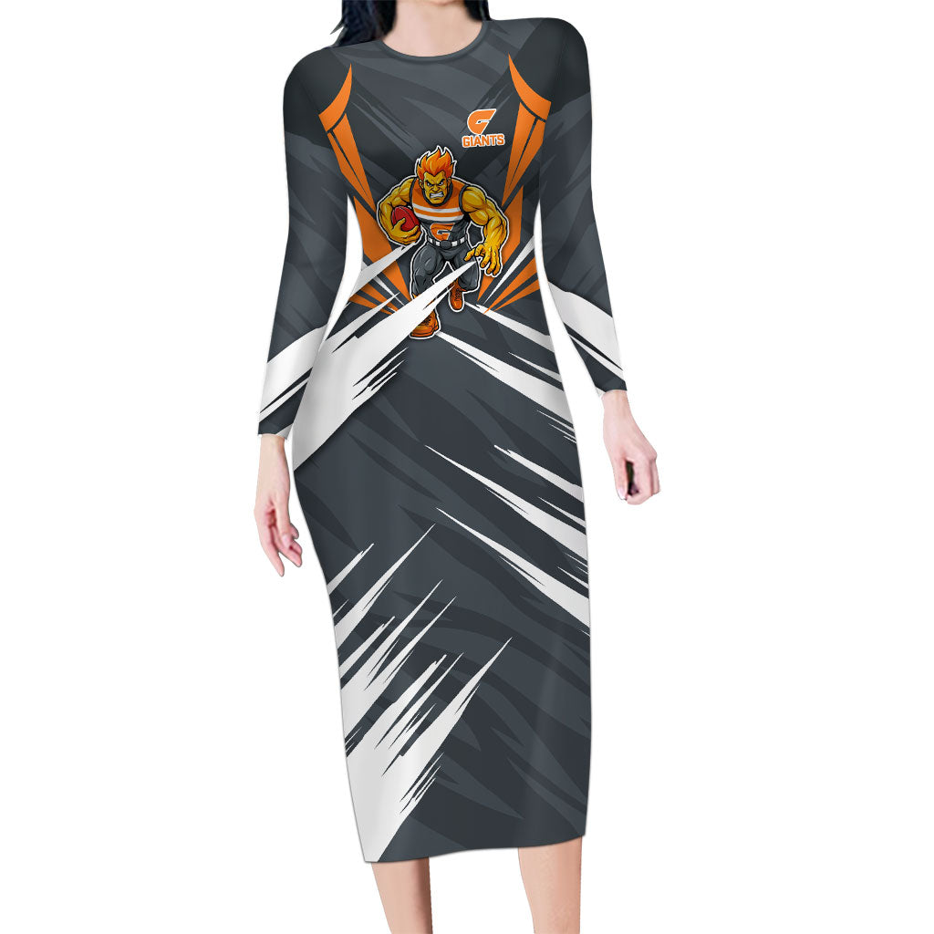 Greater Western Sydney Giants Australian Football Long Sleeve Bodycon Dress Powerful Muscle Mascot With Geometric Sunburst Motion Art