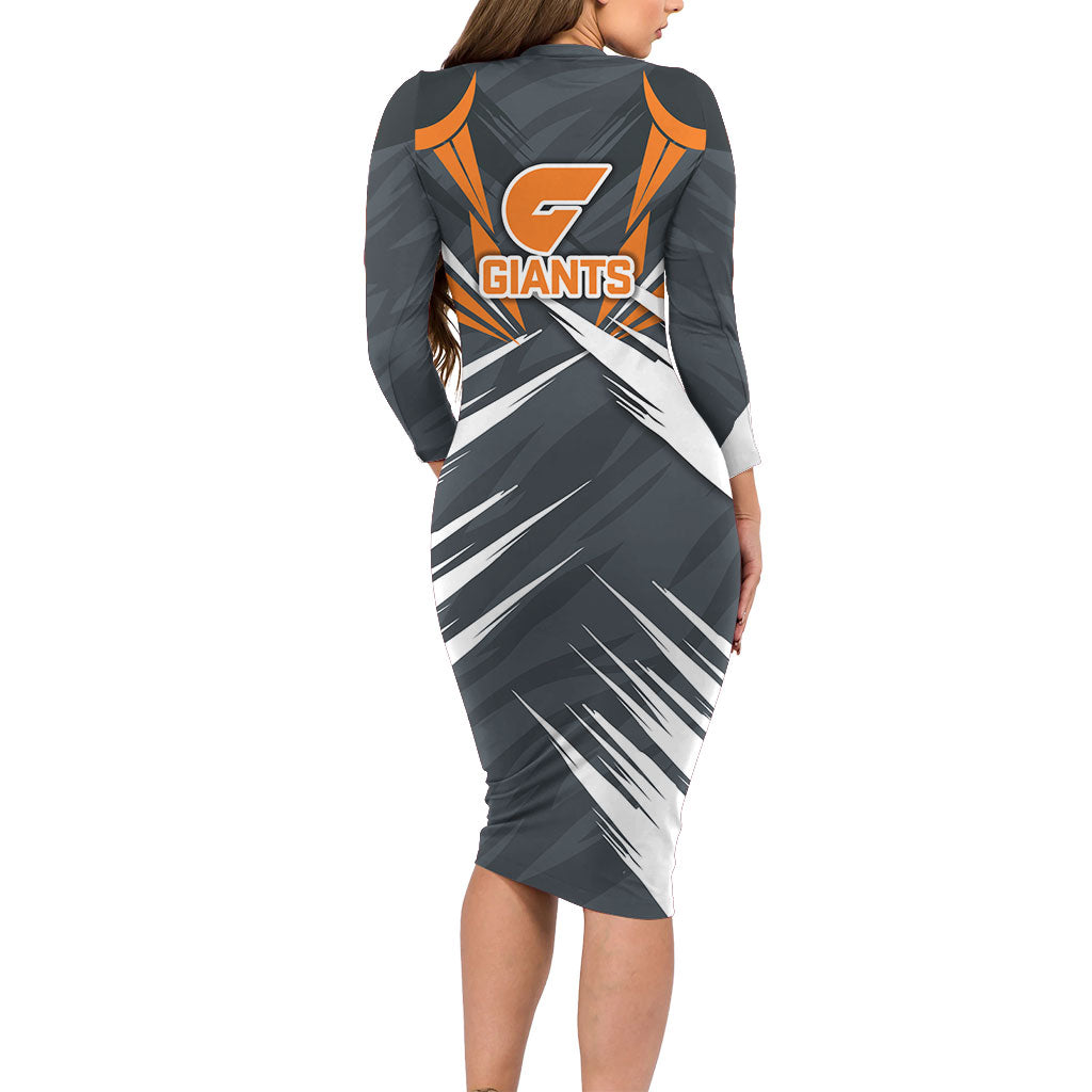Greater Western Sydney Giants Australian Football Long Sleeve Bodycon Dress Powerful Muscle Mascot With Geometric Sunburst Motion Art