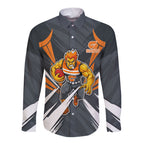 Greater Western Sydney Giants Australian Football Long Sleeve Button Shirt Powerful Muscle Mascot With Geometric Sunburst Motion Art