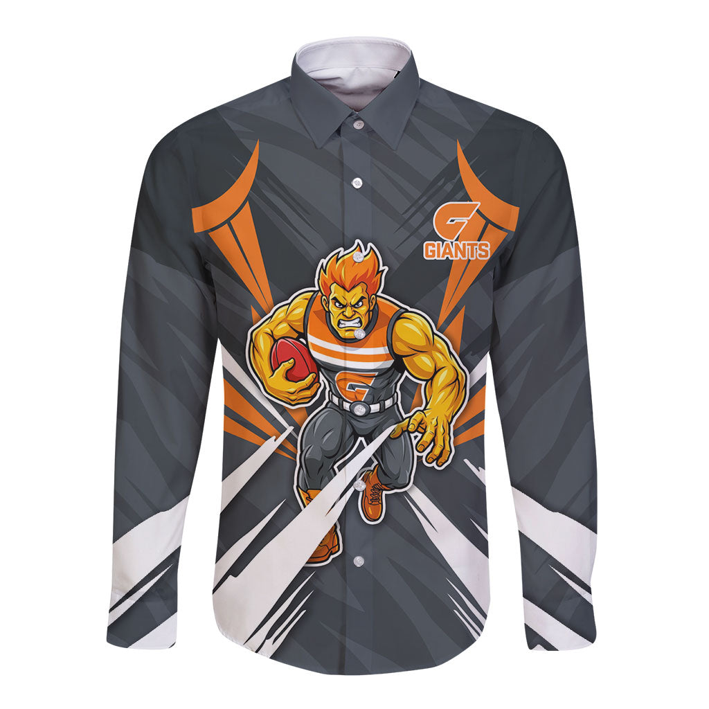 Greater Western Sydney Giants Australian Football Long Sleeve Button Shirt Powerful Muscle Mascot With Geometric Sunburst Motion Art